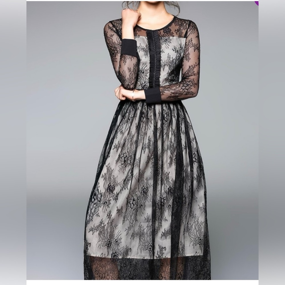 Black Lace Overlay A-Line Dress